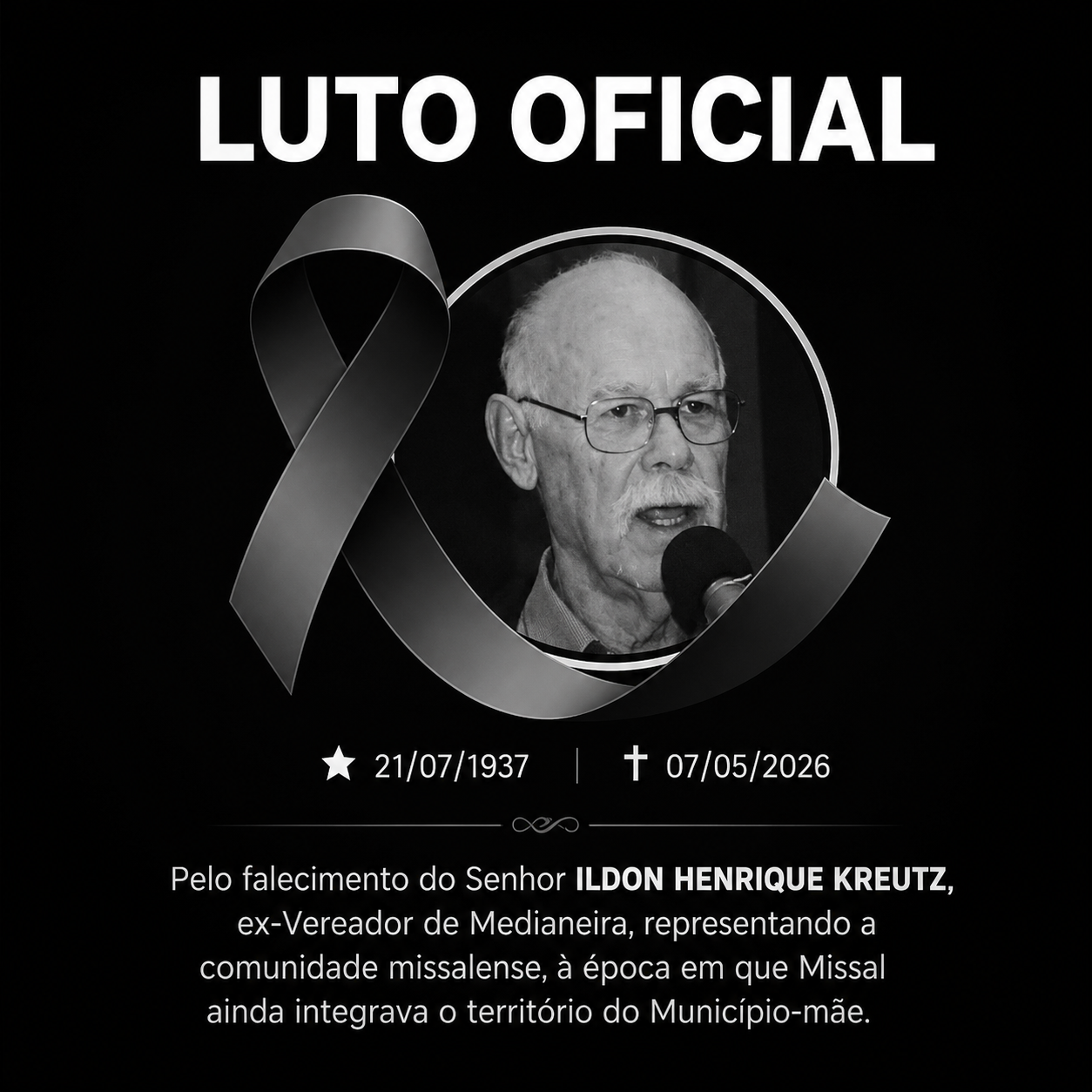Câmara de Missal manifesta pesar pelo falecimento de Ildon Henrique Kreuz