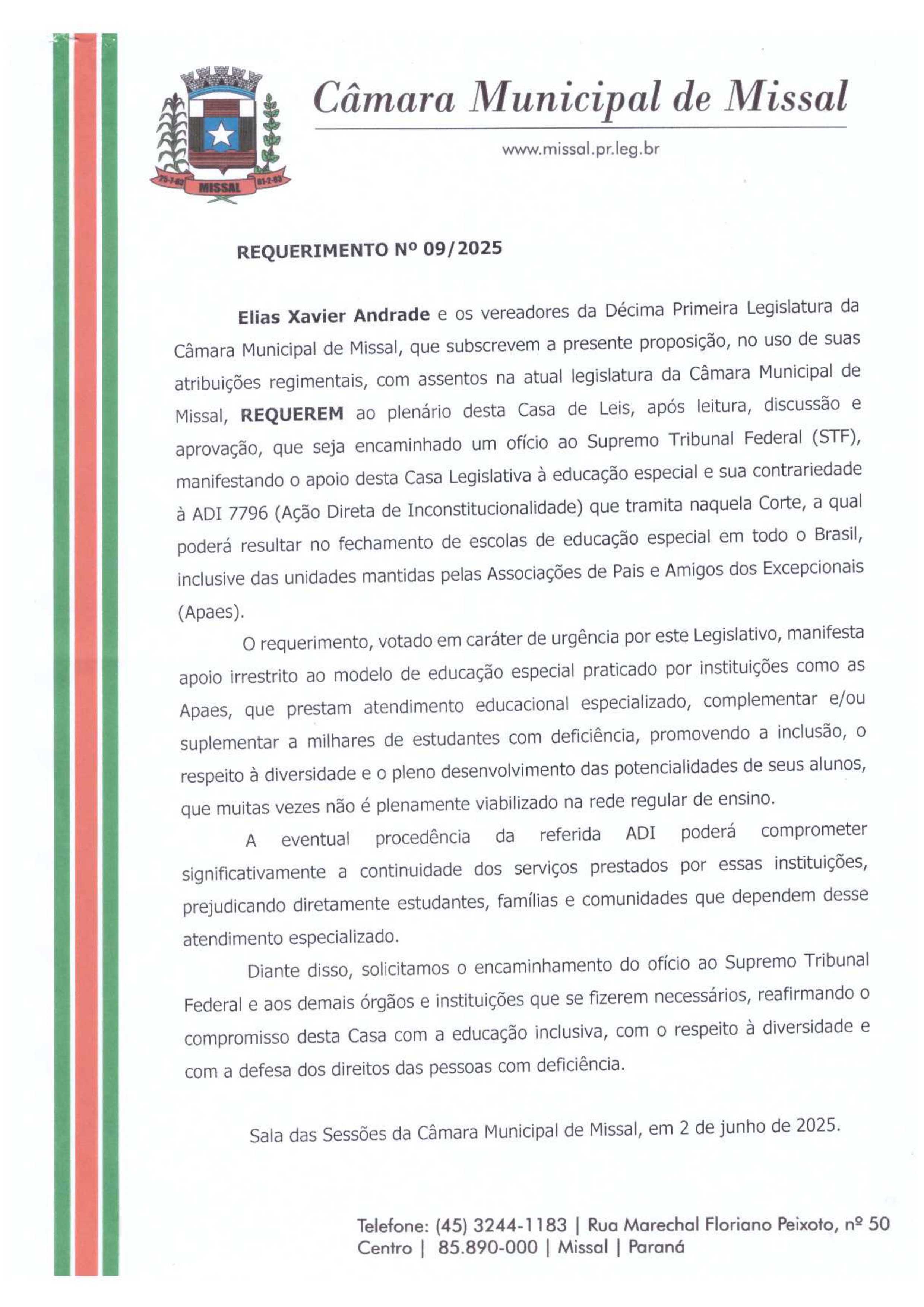 Câmara Municipal envia ofício ao STF referente ao Requerimento 09/2025